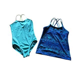 Nike Girls Swimsuit One Piece 10 Blue & Tankini Top‎ Size 14
